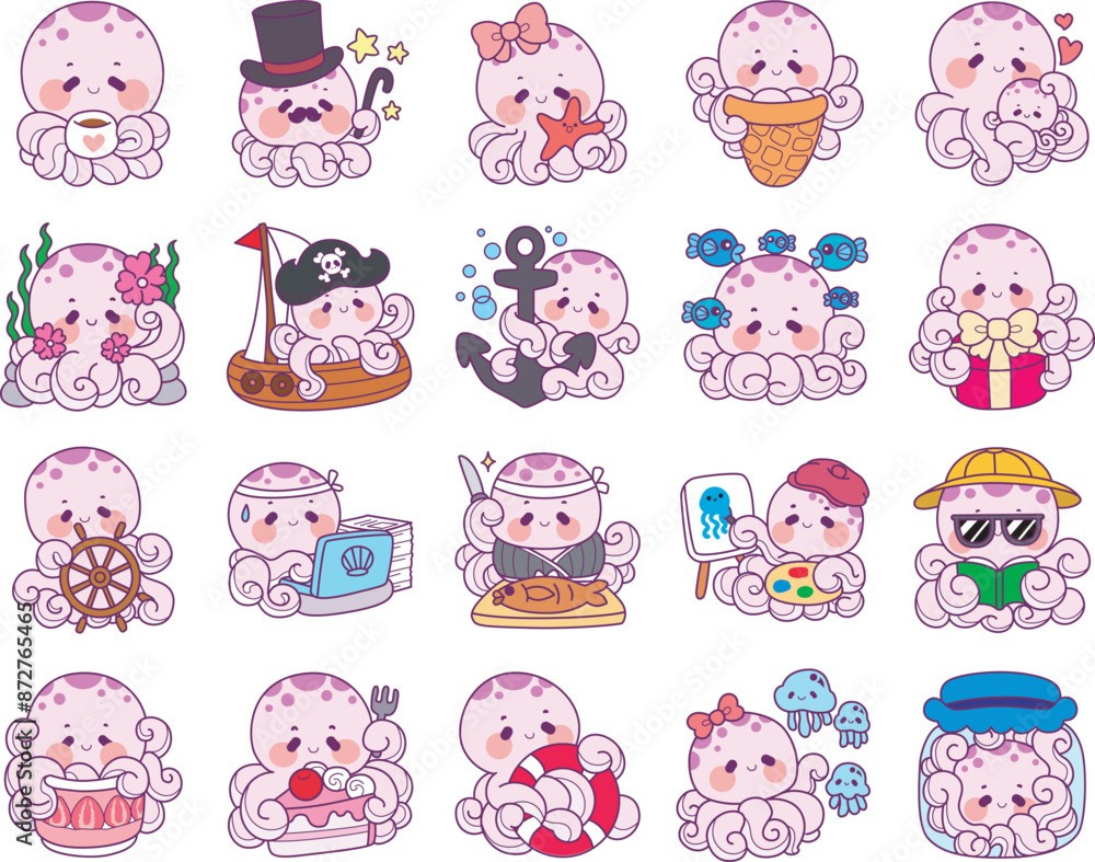Obraz premium Cute Kawaii Happy Octopus Vector Icon set. Baby octopus with fish and ship in the sea. Dreamy and very cute jellyfish swimming in the ocean.