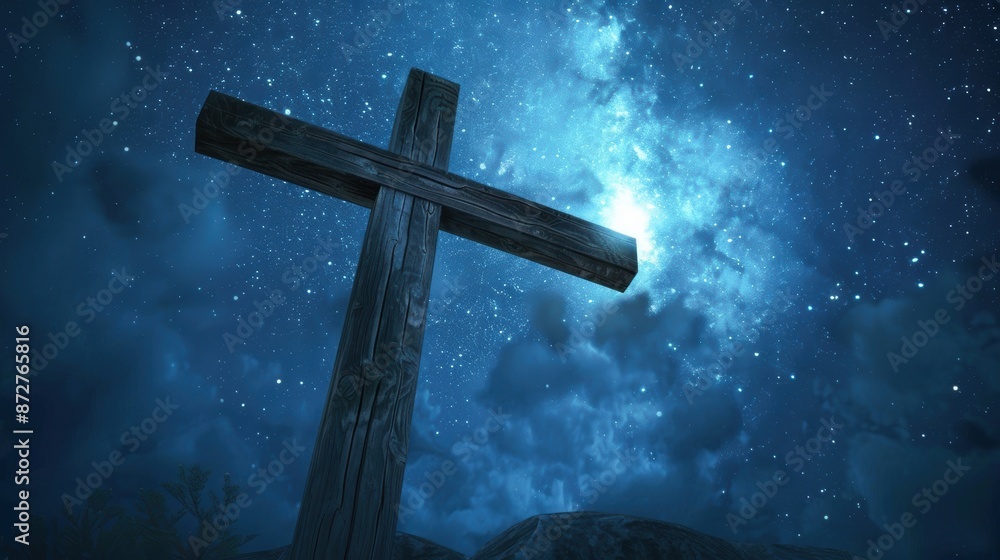 Naklejka premium Serene wooden cross under a starry night sky, soft moonlight, calm and peaceful