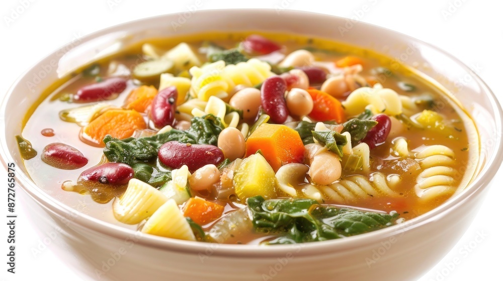 A bowl of hearty minestrone soup, filled with vegetables, beans, and pasta. Isolated on pure white background A bowl of hearty minestrone soup, filled with vegetables, beans, and pasta. Isolated on pure white background