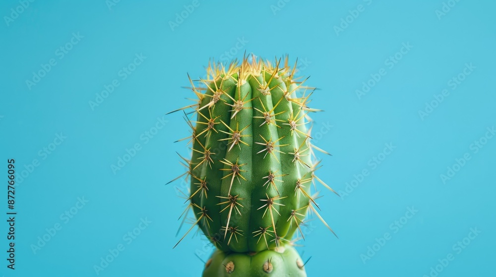 Naklejka premium Close up of a small green cactus on blue backdrop