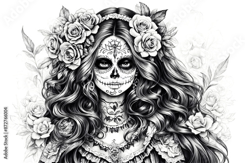 Black and White Sugar Skull Portrait with Roses
