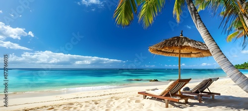 Tropical Beach Paradise with Palm Trees and Loungers