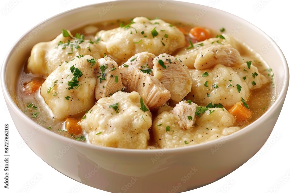A bowl of hearty chicken and dumplings with tender chicken pieces and fluffy dumplings. Isolated on pure white background A bowl of hearty chicken and dumplings with tender chicken pieces and fluffy dumplings. Isolated on pure white background