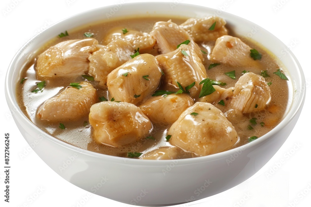 A bowl of hearty chicken and dumplings with tender chicken pieces and fluffy dumplings. Isolated on pure white background A bowl of hearty chicken and dumplings with tender chicken pieces and fluffy dumplings. Isolated on pure white background