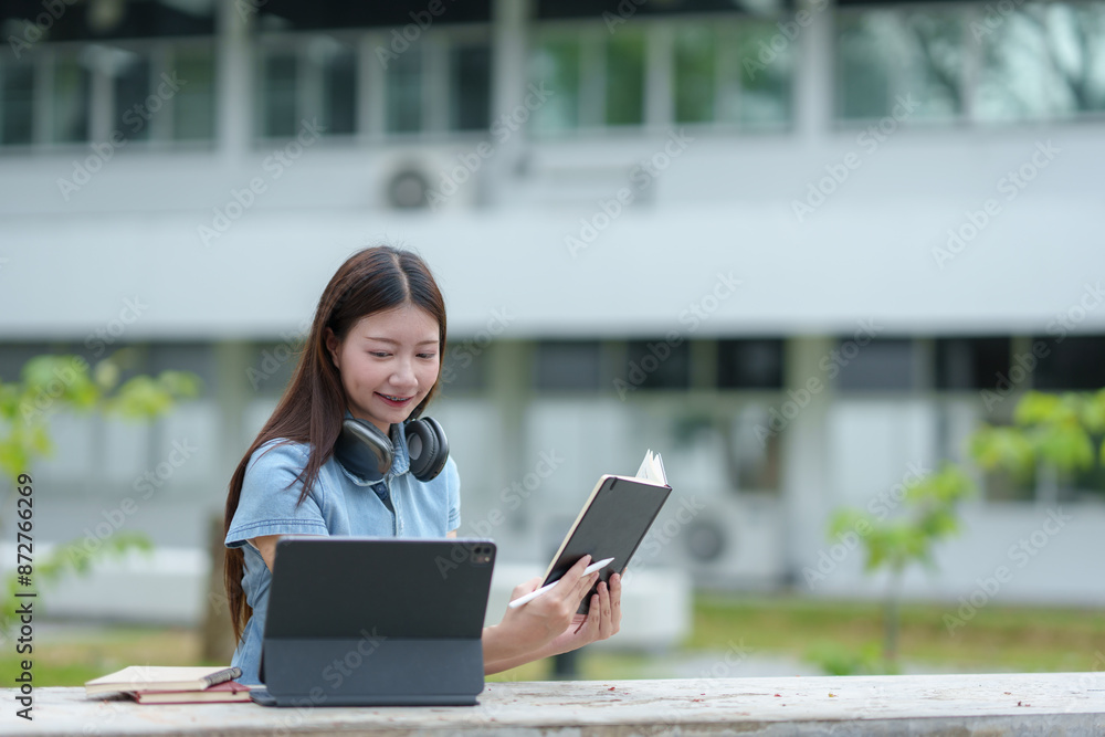 The new generation of female students sits and researches knowledge on tablets, laptops, reads books, and listens to music with pleasure. Happy learning outside online education concept. The new generation of female students sits and researches knowledge on tablets, laptops, reads books, and listens to music with pleasure. Happy learning outside online education concept.