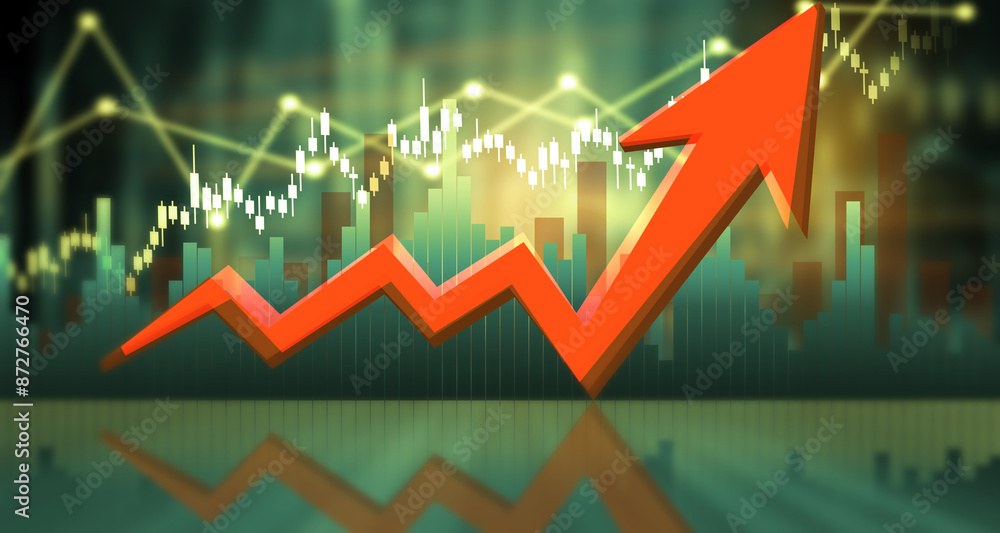 Fototapeta premium Stock market growth graph. Moving arrow shows business growth. 3d illustration.