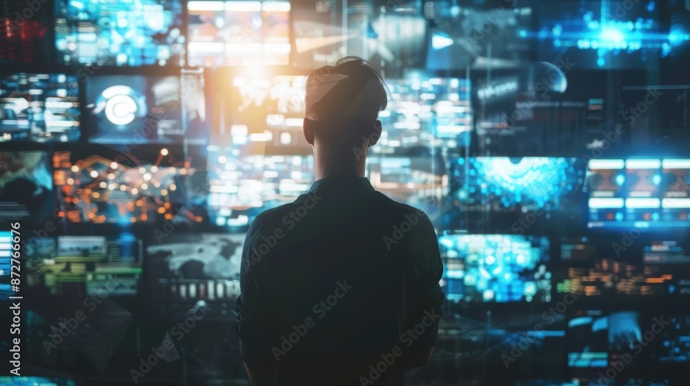 Entrepreneur reviewing tech trends and processes on digital display, technology, business innovation Entrepreneur reviewing tech trends and processes on digital display, technology, business innovation