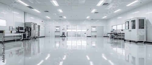 Wallpaper Mural Cosmetic production facility, sleek and clean, bright lighting, high-tech machinery, pristine lab setting Torontodigital.ca