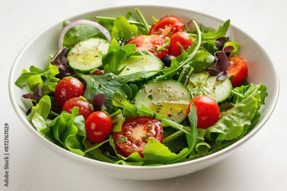 A bowl of fresh garden salad with mixed greens, cherry tomatoes, cucumbers, and a light vinaigrette dressing. Isolated on pure white background A bowl of fresh garden salad with mixed greens, cherry tomatoes, cucumbers, and a light vinaigrette dressing. Isolated on pure white background