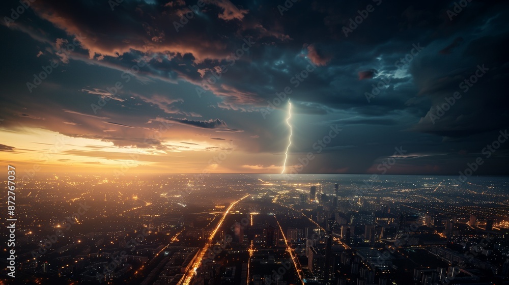 Obraz premium Night thunderstorm in the city landscape. Lightning against the background of the city. Rain. Branches of lightning in the sky. weather phenomenon