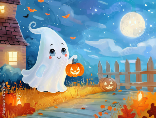 Cute and Funny Halloween Cartoon Ghost with Jack-o’-Lantern, Booo, Spooky Fun. photo