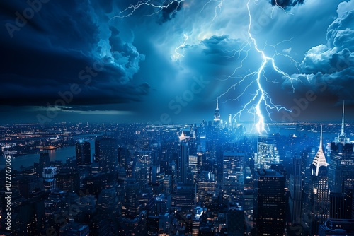 Night thunderstorm in the city landscape. Lightning against the background of the city. Rain. Branches of lightning in the sky. weather phenomenon