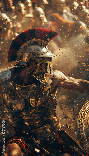 Vertical recreation of a gladiator fighting in the arena photo