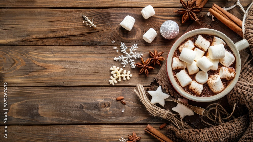 Cocoa and chocolate drink with marshmallow on wooden table cozy background holiday coffee shop setting top down view space for text Cocoa and chocolate drink with marshmallow on wooden table cozy background holiday coffee shop setting top down view space for text