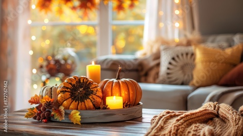 Fototapeta Naklejka Na Ścianę i Meble -  Cozy autumn home photo with fall decorations and space in circle