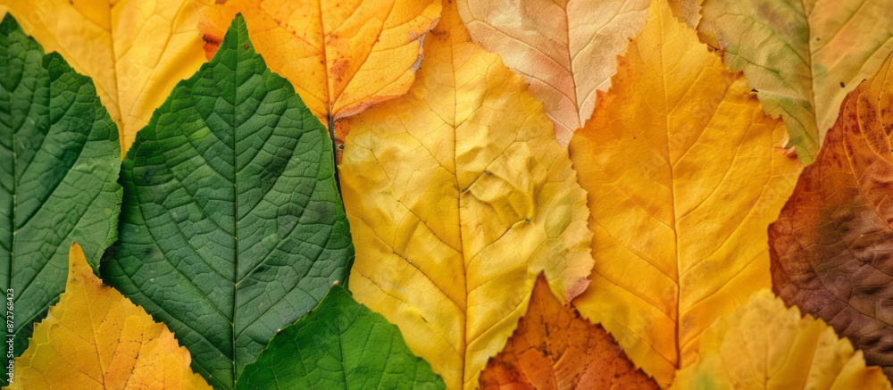 Closeup of colorful leaves in yellow, green, and brown, showcasing their textures. Closeup of colorful leaves in yellow, green, and brown, showcasing their textures.