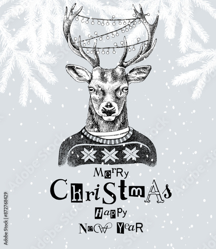 Hand drawn dressed up deer in hipster style