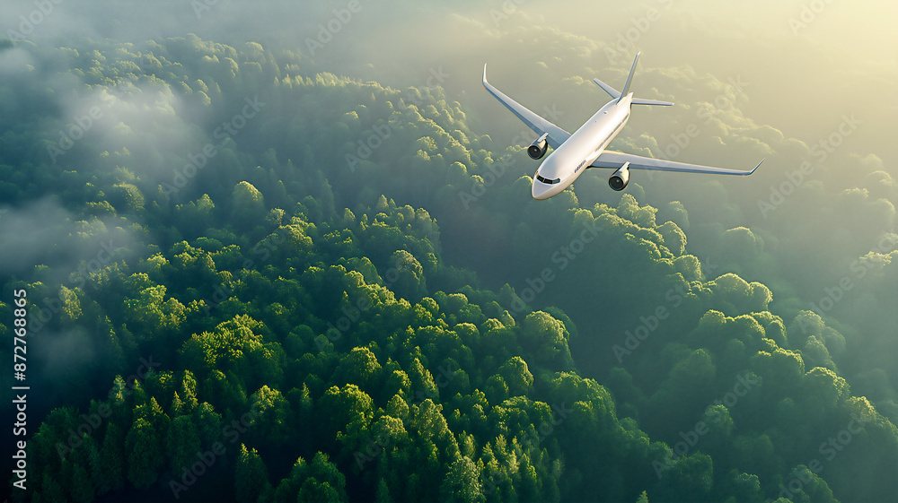Obraz premium An environmental sustainable biofuel concept of a white airplane flying over green trees, creating an aerial view of the aircraft and its engines against a backdrop of a dark misty, foggy rainforest.