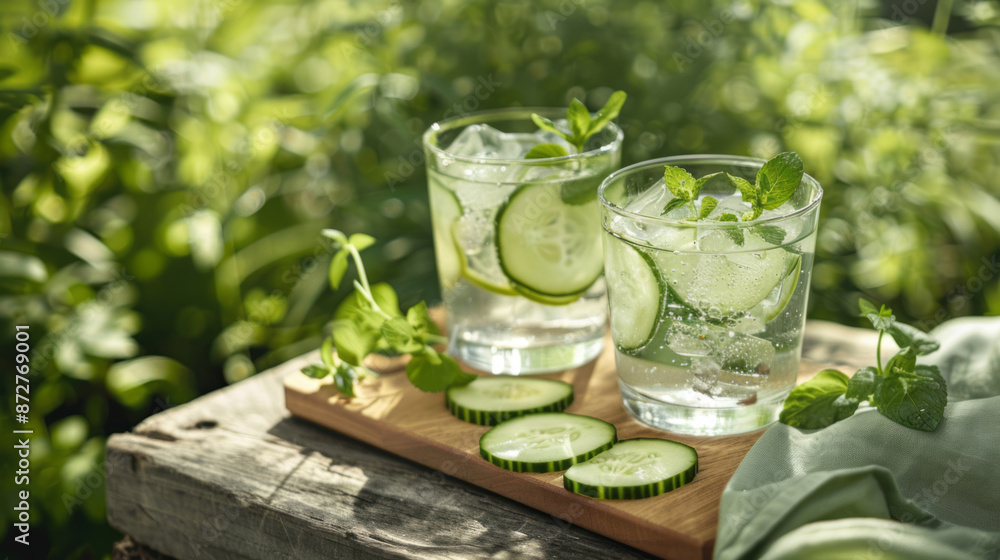 Fototapeta premium Two glasses of cucumber and mint water on a wooden board with slices of fresh cucumber and sprigs of wild mint.