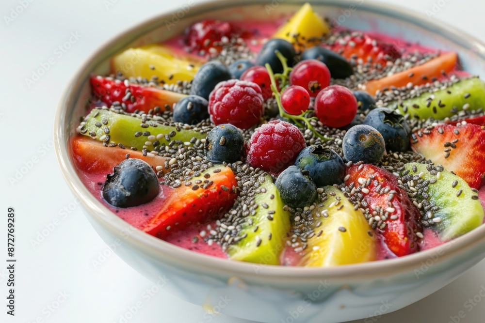 A bowl of colorful fruit smoothie topped with chia seeds and fresh berries. Isolated on pure white background A bowl of colorful fruit smoothie topped with chia seeds and fresh berries. Isolated on pure white background