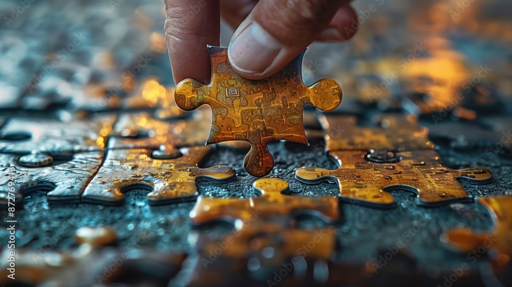 A person holding a puzzle piece that perfectly fits into a larger puzzle, symbolizing the alignment of marketing efforts with a company's strengths to create a competitive advantage A person holding a puzzle piece that perfectly fits into a larger puzzle, symbolizing the alignment of marketing efforts with a company's strengths to create a competitive advantage