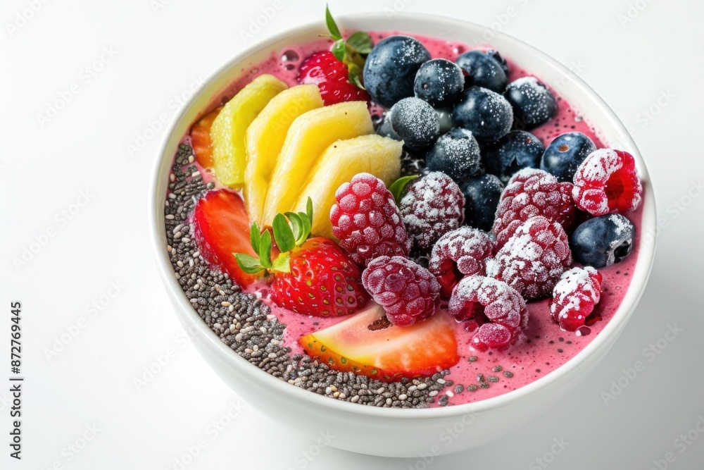 A bowl of colorful fruit smoothie topped with chia seeds and fresh berries. Isolated on pure white background A bowl of colorful fruit smoothie topped with chia seeds and fresh berries. Isolated on pure white background