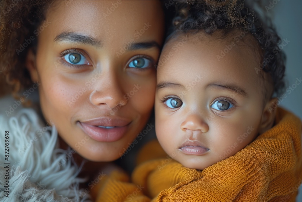 African-American woman holding baby, close-up, plain background
African-American woman holding baby, close-up, plain background