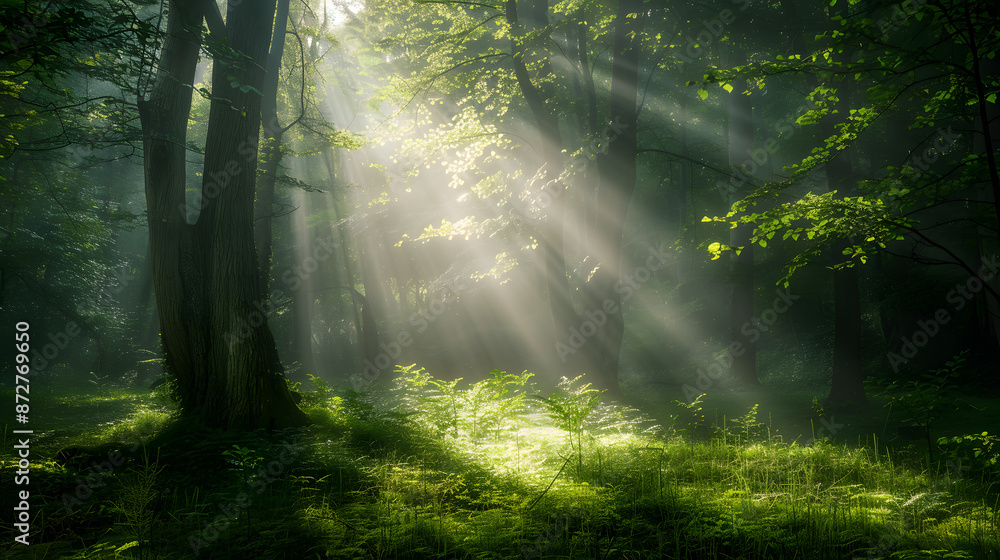 Obraz premium A forest with sunlight shining through the trees