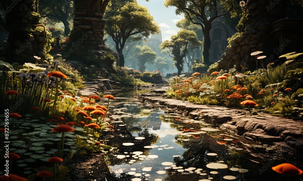 River Flowing Through Forest With Flowers River Flowing Through Forest With Flowers