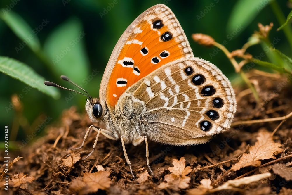 Macro View of a Butterfly on Fallen Leaves Macro View of a Butterfly on Fallen Leaves