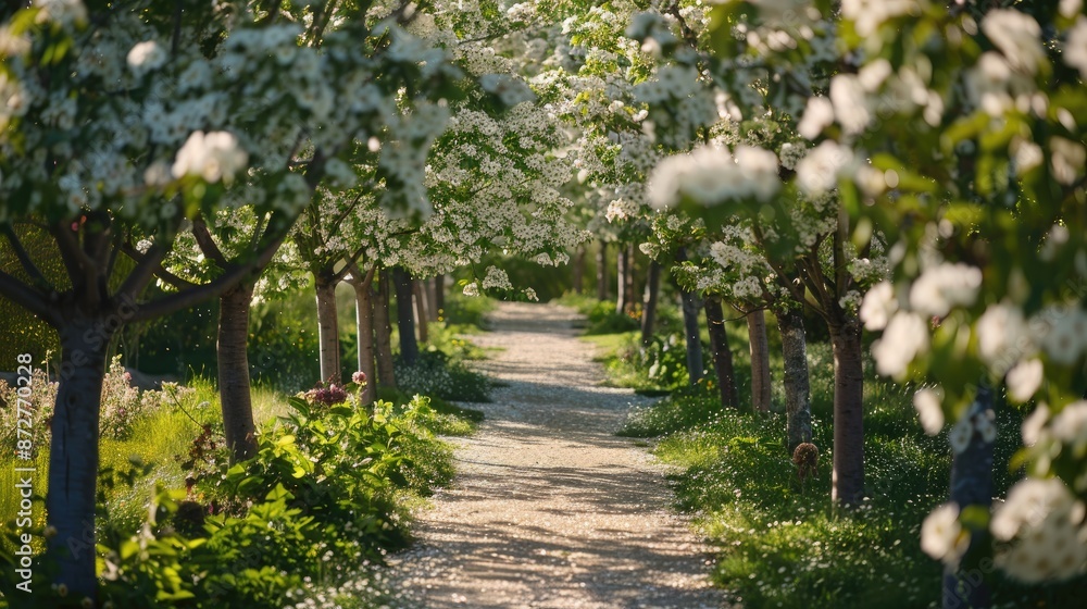 Fototapeta premium Path lined with white trees in a garden