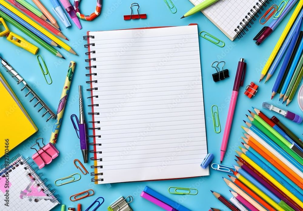 Blank Notebook Paper Surrounded by Colorful School Supplies Blank Notebook Paper Surrounded by Colorful School Supplies