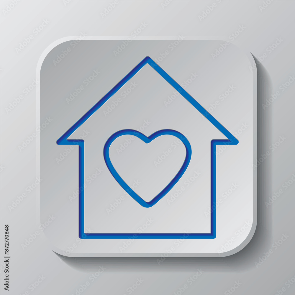 Heart, house vector simple icon. Flat design. Paper cut design. Cutted blue symbol with shadow. Gray badge button, gray background Heart, house vector simple icon. Flat design. Paper cut design. Cutted blue symbol with shadow. Gray badge button, gray background