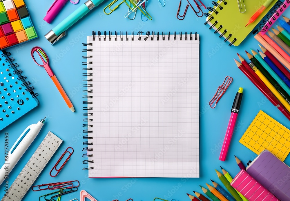 Blank Notebook Surrounded By Colorful School Supplies Blank Notebook Surrounded By Colorful School Supplies
