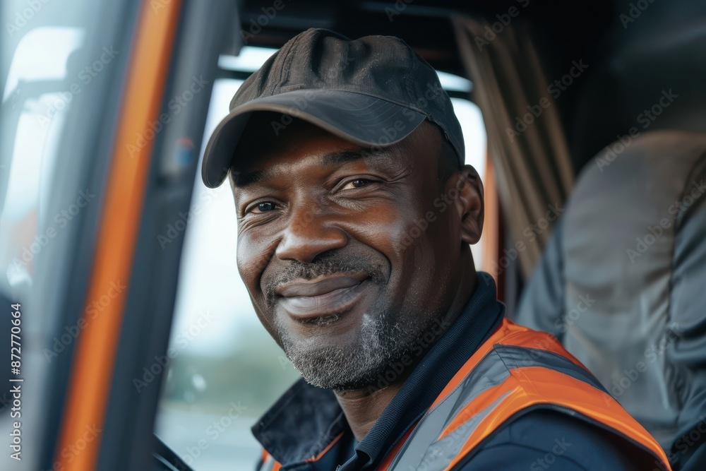 Happy professional driver smiling inside truck cabin. Happy professional driver smiling inside truck cabin.