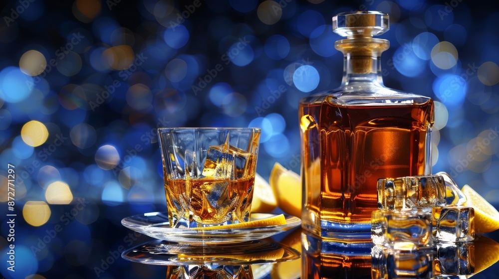 Whiskey bottle and glass on mirrored table with ice, bokeh balls in dark blue background Whiskey bottle and glass on mirrored table with ice, bokeh balls in dark blue background