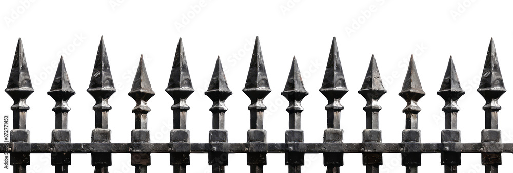 Metal fence with sharp spikes isolated on a transparent background, close-up, detailed. Metal fence with sharp spikes isolated on a transparent background, close-up, detailed.