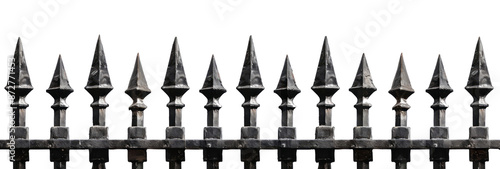 Metal fence with sharp spikes isolated on a transparent background, close-up, detailed.