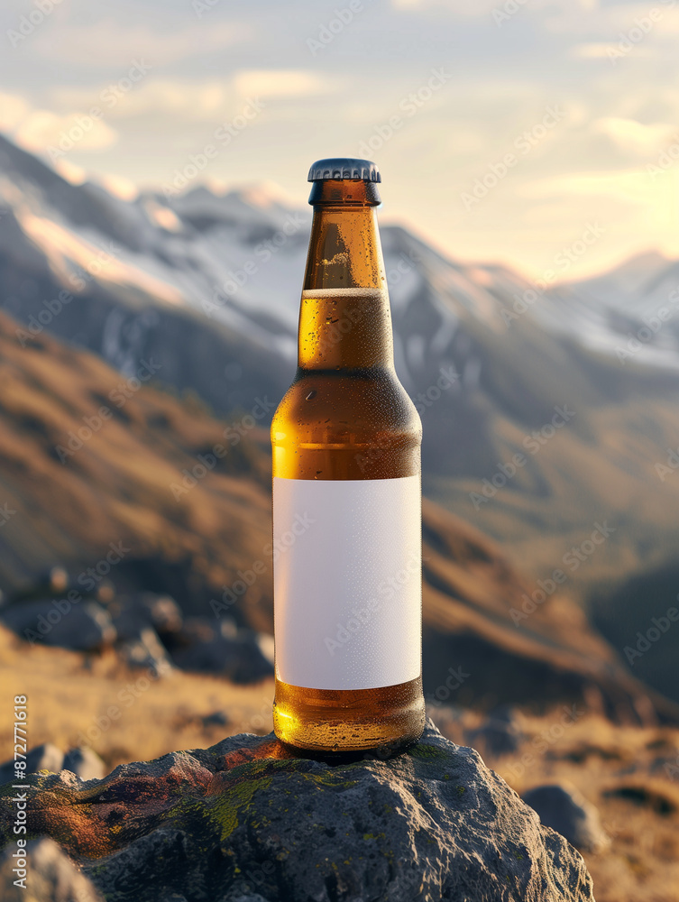 Refreshing lager beer bottle mockup with white label in nature with scenic mountain view Refreshing lager beer bottle mockup with white label in nature with scenic mountain view