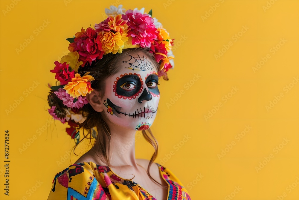 Woman with sugar skull makeup isolated on yellow background. Day of the Dead, Dia de los muertos, Halloween celebration. Studio portrait of Calavera Catrina. Banner, greeting with copy space. Woman with sugar skull makeup isolated on yellow background. Day of the Dead, Dia de los muertos, Halloween celebration. Studio portrait of Calavera Catrina. Banner, greeting with copy space.