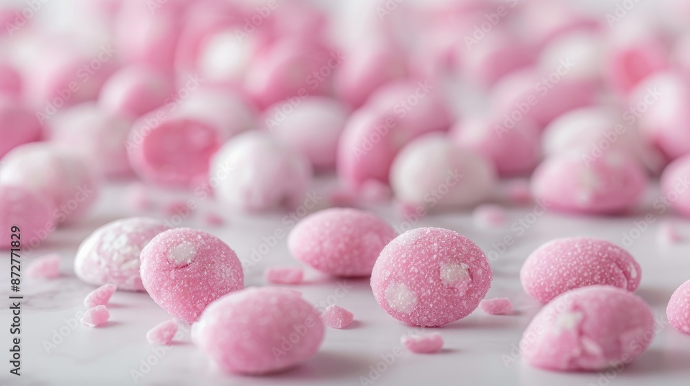 Pink and white almond candies displayed on a white table Pink and white almond candies displayed on a white table