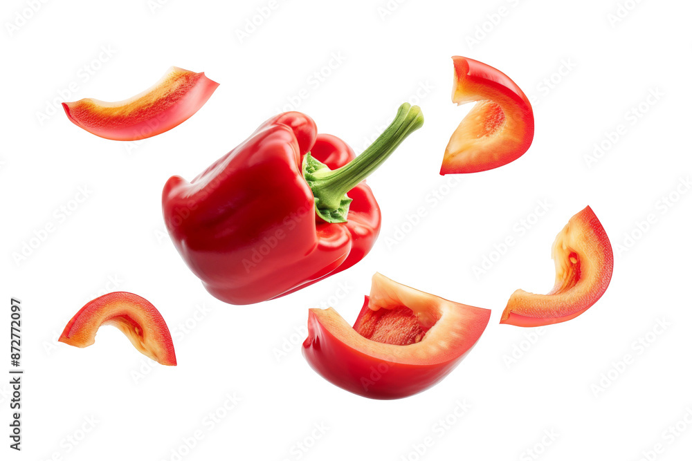 Red bell pepper falling in the air with slices isolated on background, sweet peppers for seasoning or garnish food. Red bell pepper falling in the air with slices isolated on background, sweet peppers for seasoning or garnish food.