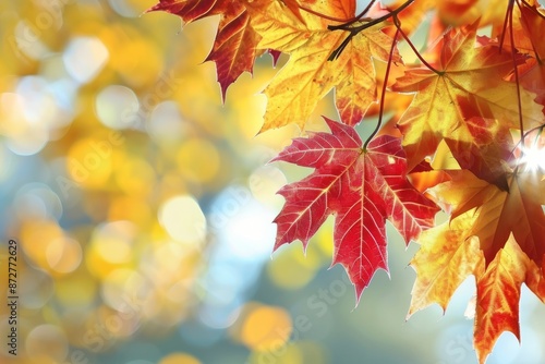 Colorful autumn leaves illuminated by sunlight, creating a beautiful bokeh effect, AI generated
