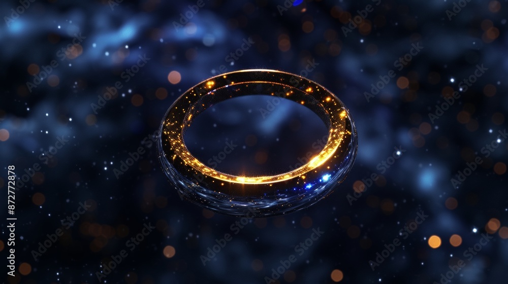 Gold ring studded with diamonds, shining on a dark fabric with a starry effect, evoking an enchanting night. Gold ring studded with diamonds, shining on a dark fabric with a starry effect, evoking an enchanting night.