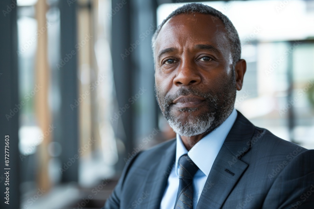 Fototapeta premium A stern businessman with a beard and suit, looking focused and intense in a modern office environment, exuding an air of authority and professionalism.