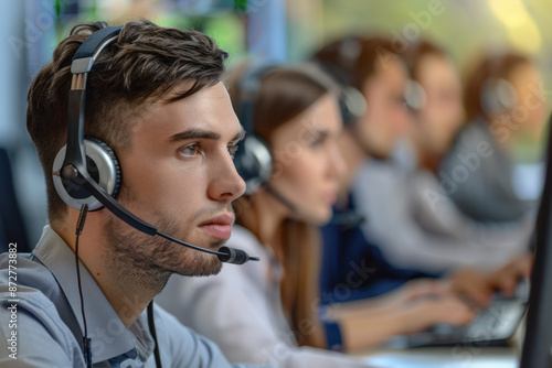 Young Man Wearing Headset Working at a Modern Office Desk. photo