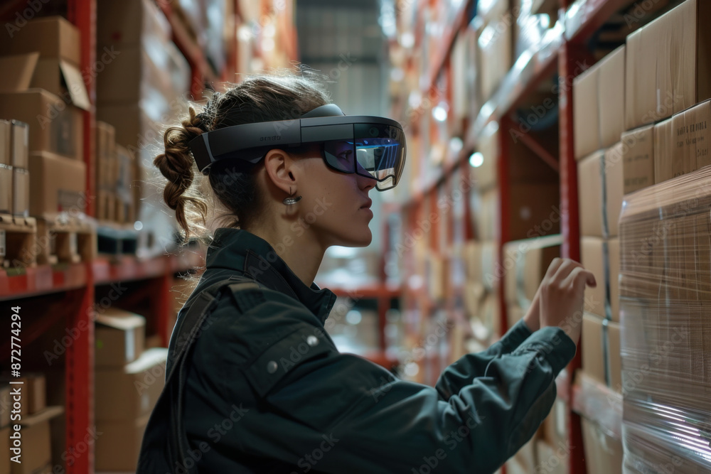 Woman Using VR Headset in Warehouse. Woman Using VR Headset in Warehouse.