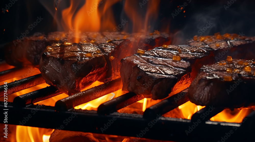 Succulent beef steaks on the grill, with a backdrop of glowing coals and a smoky atmosphere Succulent beef steaks on the grill, with a backdrop of glowing coals and a smoky atmosphere