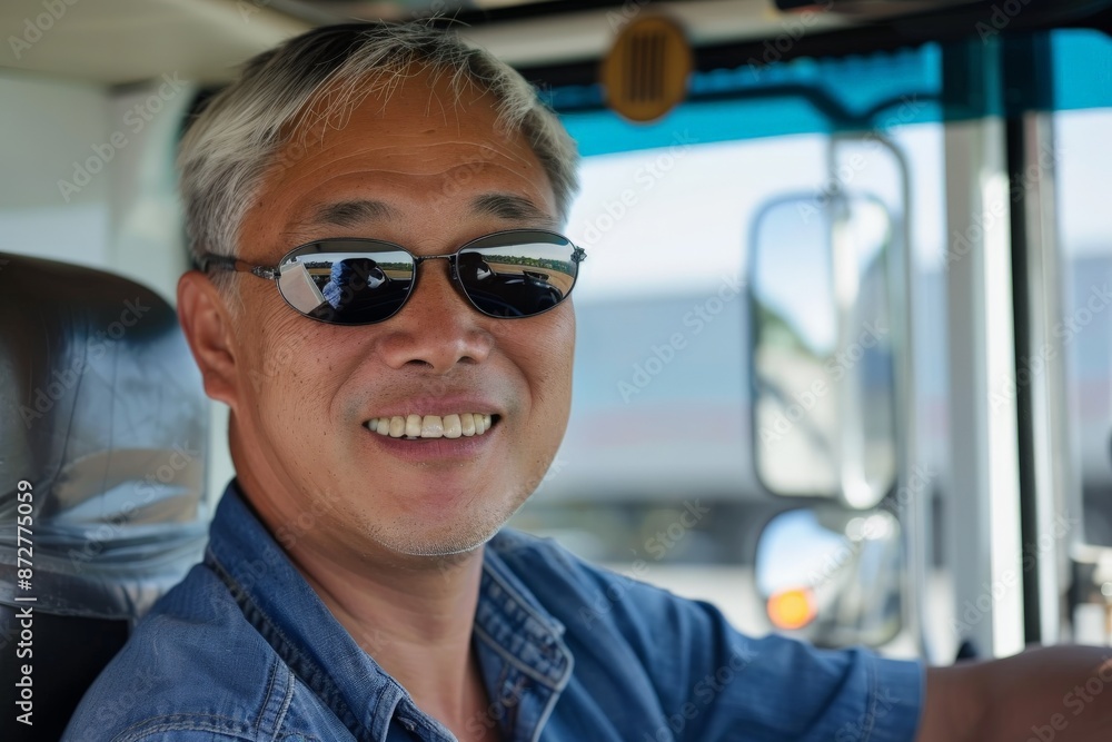 A cheerful man wearing sunglasses, smiling contentedly while driving a vehicle. The image captures a relaxed and carefree moment in a bright, lively scene. A cheerful man wearing sunglasses, smiling contentedly while driving a vehicle. The image captures a relaxed and carefree moment in a bright, lively scene.