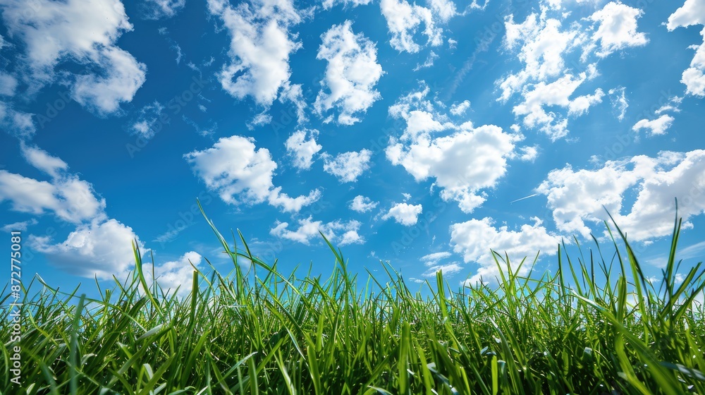 Scenic setting with green grass and blue sky room for text Scenic setting with green grass and blue sky room for text